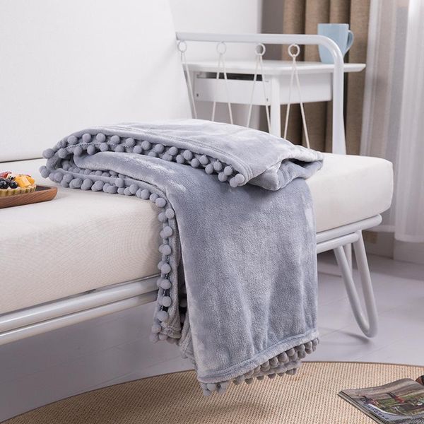 

blankets winter tassels ball beds sofa blanket solid grey flannel throw living room bedroom fleece nap bedding bed linen