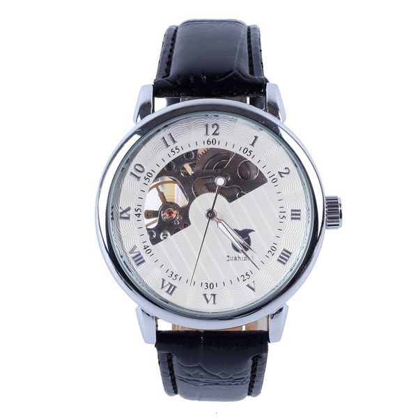

fashion jushidai leather men's watch fashion leisure hollow design mechanical business, Slivery;brown