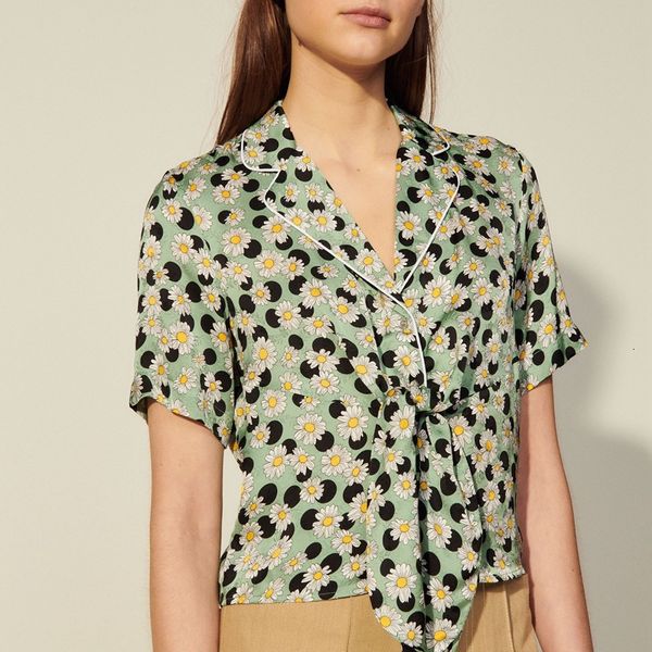 

women's blouses & shirts summer bow-up daisy impression feminine lapel thin style pajama shirt xdsb, White