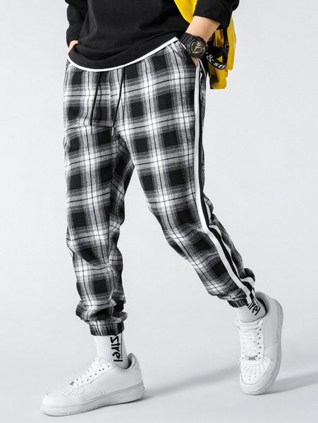 

men plaid print contrast tape pants x4jt#, Black