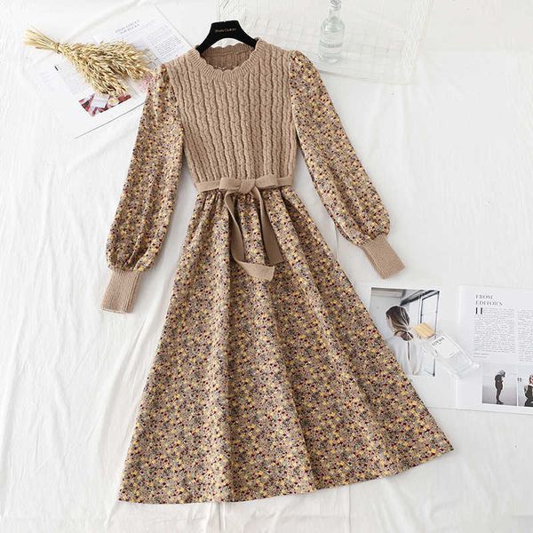 Vintage Elegante Midi Kleider für Frauen Patchwork Gestrickte Vestidos Schlanke Bandage Robe Fashion Floral Cord Kleid Y1006