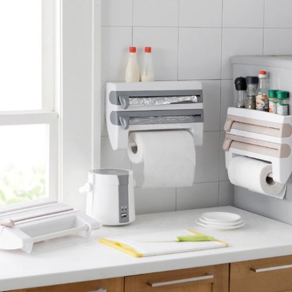 

kitchen storage & organization 1pc multifunction organizer wall-mounted tin foil rack preservative film dispenser sauce roll paper box
