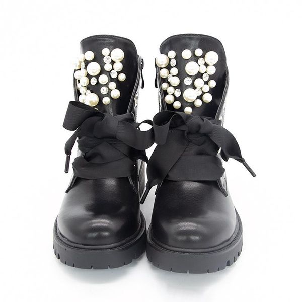 

women short boots ladies leather ankle autumn platform motorcycle shoes for woman's punk winter pearl rivet, Black