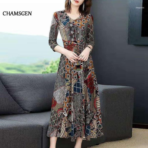 

casual dresses chamsgend dress women plus size v-neck three quarter sleeve empire long ladies retro floral print a-line vestido f321, Black;gray