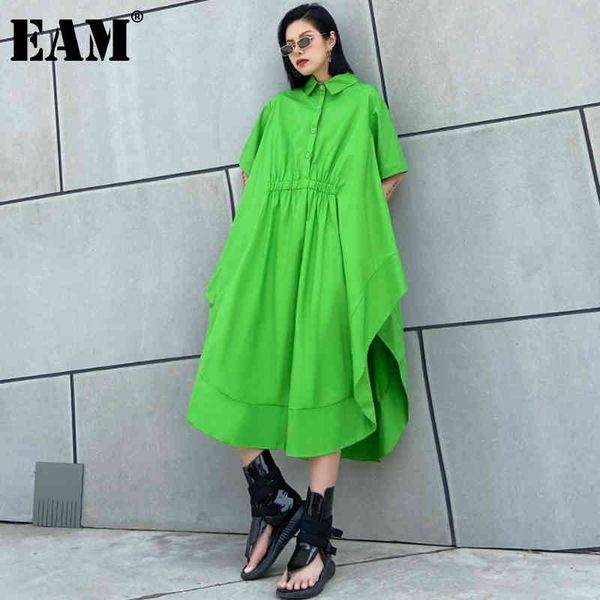 

[eam] women green big size ruffles pleated casual dress lapel short sleeve loose fit fashion spring summer 1dd6748 21512, Black;gray