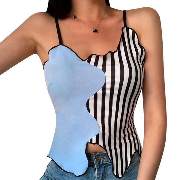 

women's tanks & camis women fashion striped patchwork slim asymmetric vest streetwear club sling elastic camisoles top, White