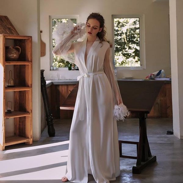 

women's sleepwear women elegant pajama embroidery lace-up long nightgown satin silky cardigan home clothing stitching mesh yarn feather, Black;red