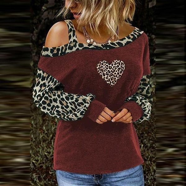 

women's t-shirt leopard patchwork ladies t shirt one shoulder skew collar female streetwear casual long sleeves women pullover, White