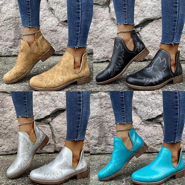 

boots woman vintage low heels women retro pu leather ankle 2021 women's slip on ladies shoes female short plus size 43, Black