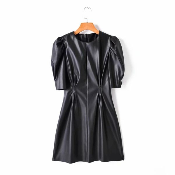 Mulheres elegante vestido de couro preto moda senhoras sleee curto sun-es partido feminino feminino feminino meninas chique 210427