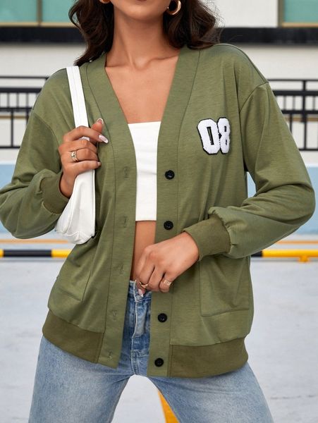 

letter patched double pocket drop shoulder jacket f14x#, Black;brown