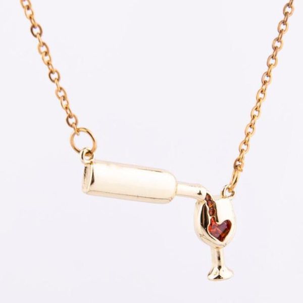 

fashion heart red wine&cup pendant necklace design bottle glass chain gold/rose gold/silver color clavicle for ladies girls necklaces