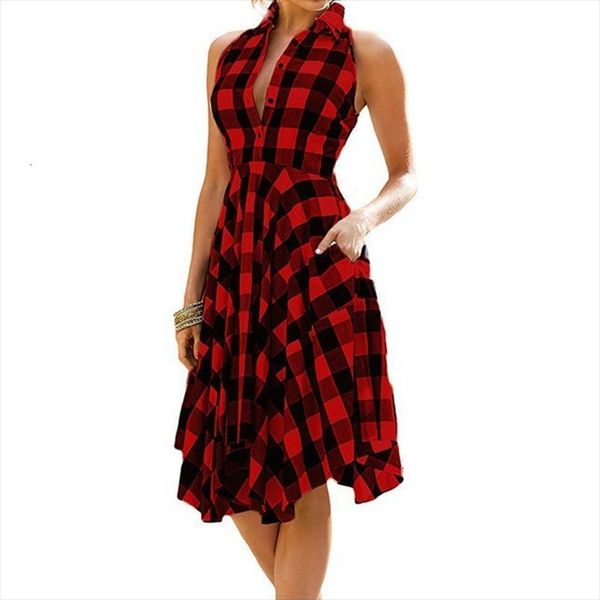 

sleeveless plaid a line womens dresses slim pleated shirt summer casual lapel knee length beach party midi, Black;gray