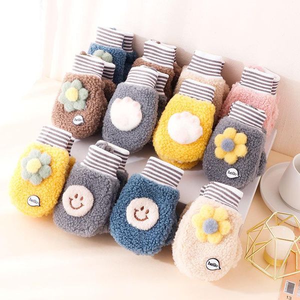 

children's mittens cute plush thick warm baby gloves winter plus velvet children kid coral fleece full finger for 1-3y kids, White