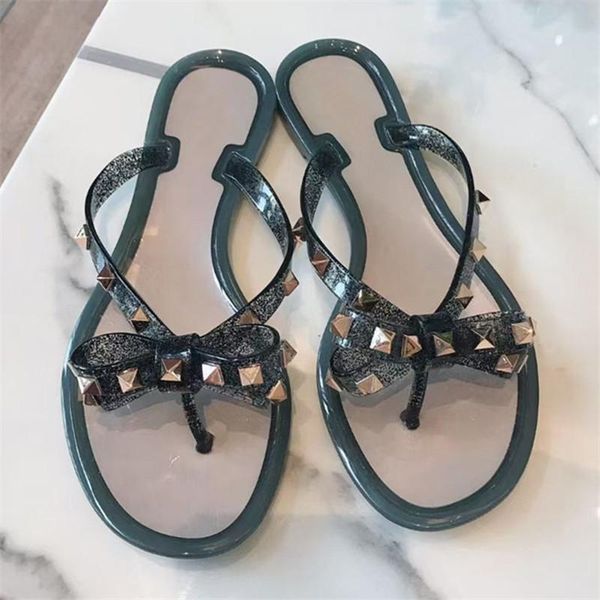 

cute bowknot women slippers casual outside slides rivets studded flip flops ladies summer flats beach shoes woman jelly, Black