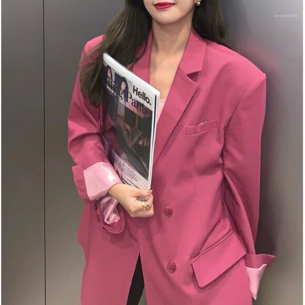 

women's suits & blazers [ewq] korea chic temperament gray blazer women's autumn 2021 notched loose double breasted long sleeve suit, White;black