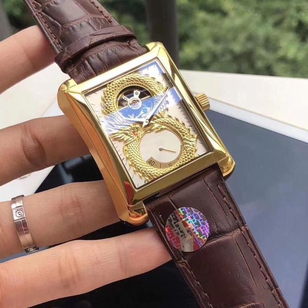 

personality business men watch automatic mechanical dragon embossed high-end 2021 small square unique male watches wristwatches, Slivery;brown