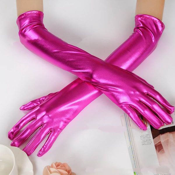 

bridal gloves pink shiny metallic wet look long stretchy club dancewear party costume girl princess guantes rosas, White