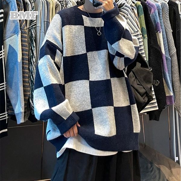 

men's sweaters autumn winter korean color matching plaid sweater kpop couple oversize knitwear streetwear hip hop pullover fashion me, White;black