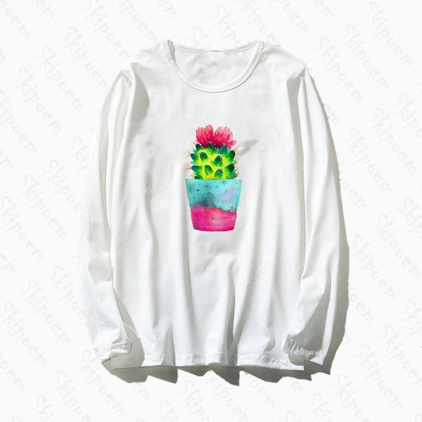 

women's t-shirt t shirt female long sleeve fashion cotton drop white t-shirts fresh watercolor green plant cactus potted vetement 2021