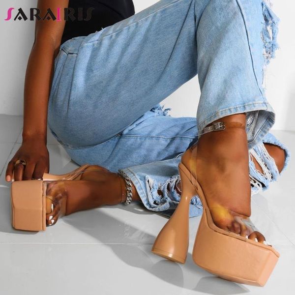 

sandals sarairis elegant women solid buckle platform high heel shoes luxury trendy 2021 summer stylish, Black