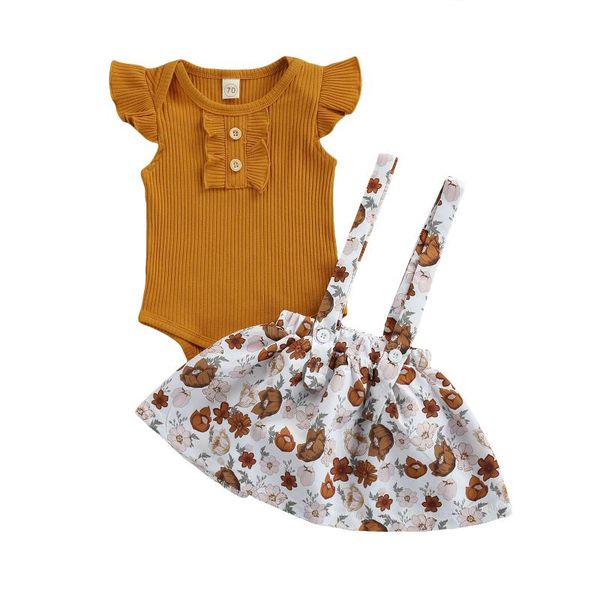 

fashion born baby girls 2-piece outfit set sleeve romper+floral suspender skirt clothing sets, White
