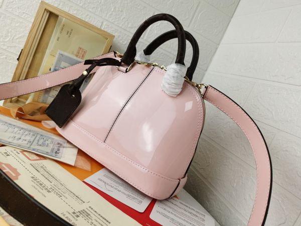 

pink high-quality shell bag luxury designer patent leather shiny messenger shoulder embossed fashion side back casual portable lady brand ba