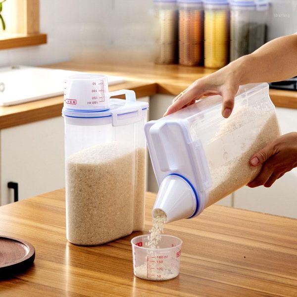 

storage bottles & jars sealed cereal insect-proof rice bucket with measuring cup transparent rotary food moistureproof tank kitchen box