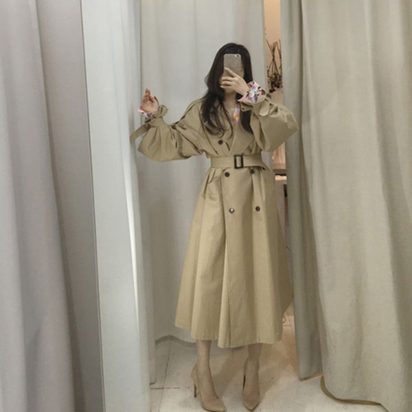 

genayooa womens long trench coats with belt loose winter coat women casual elegant outwear windbreaker 210417, Tan;black