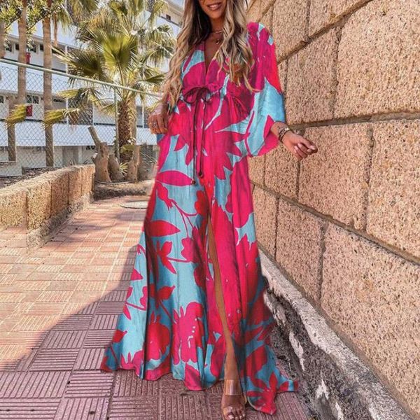 

casual dresses 2021 summer slim split hem maxi dress elegant elastic waist button beach long women fashion print deep v boho, Black;gray