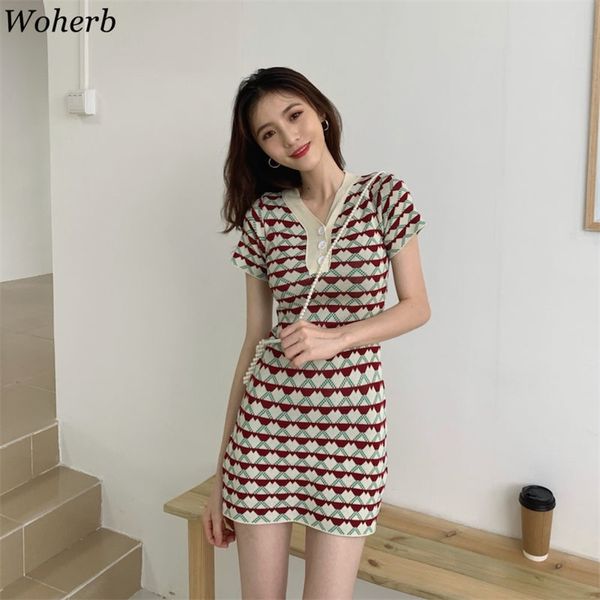 

bodycon knitted vestidos de mujer v neck plaid vintage mini dresses short sleeve robe spring summer korean woman dress 210519, Black;gray