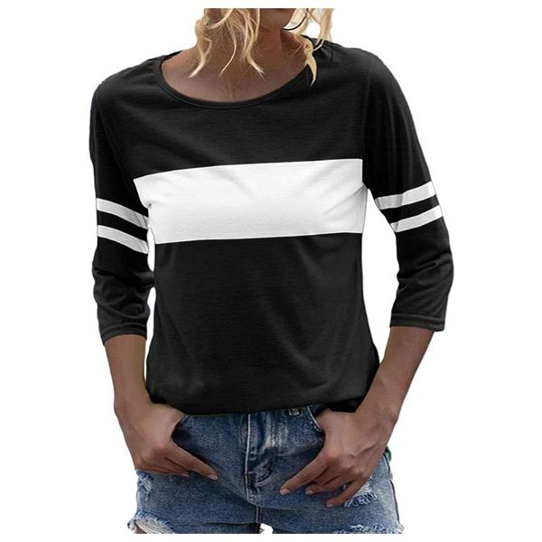

women's t-shirt stripe t shirt clothes for women 2021 fall fashion round neck 3/4 sleeve printed casual basic camiseta mujer, White