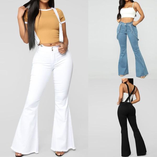 

women high waist zipper flare jeans button strap pants trousers bell-bottom 3colors casual female autumn, Blue