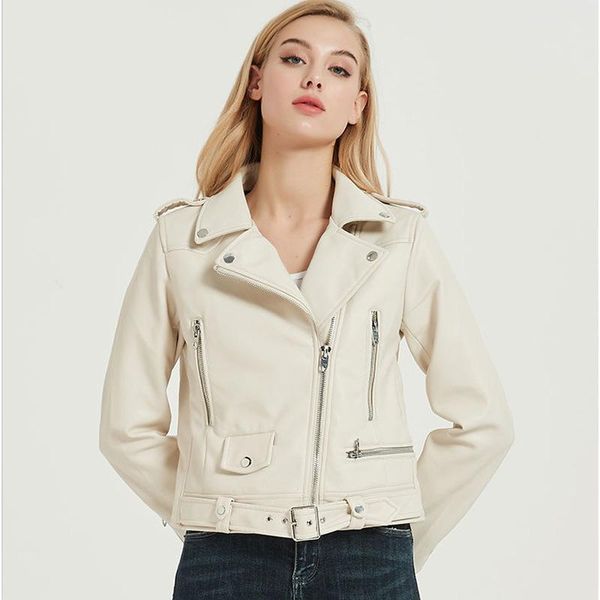 

women's leather & faux [ewq] 2021 spring autumn pattern lapel long sleeve solid colors pu patchwork zipper pockets high street jacket w, Black