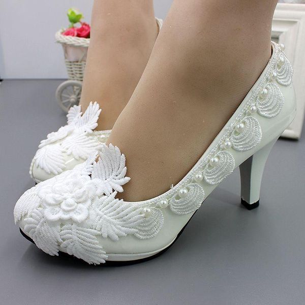 

dress shoes white lace high heel wedding female ivory pearl bridal heels low, Black