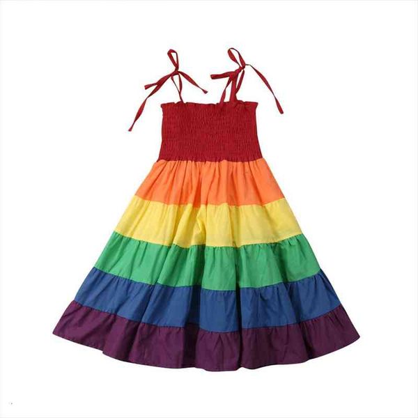 

wholesale toddler baby girls dress rainbow print sleeveless dress princess party ruffle summer beach dresses 2-7y, Red;yellow