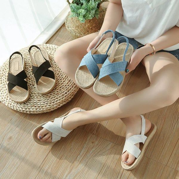 

sandals women summer wear 2021 roman cross elastic band linen women's, Black