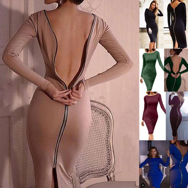 

fashion solid long sleeve womens dress back zipper tight vintage vestido de mujer, Black;gray