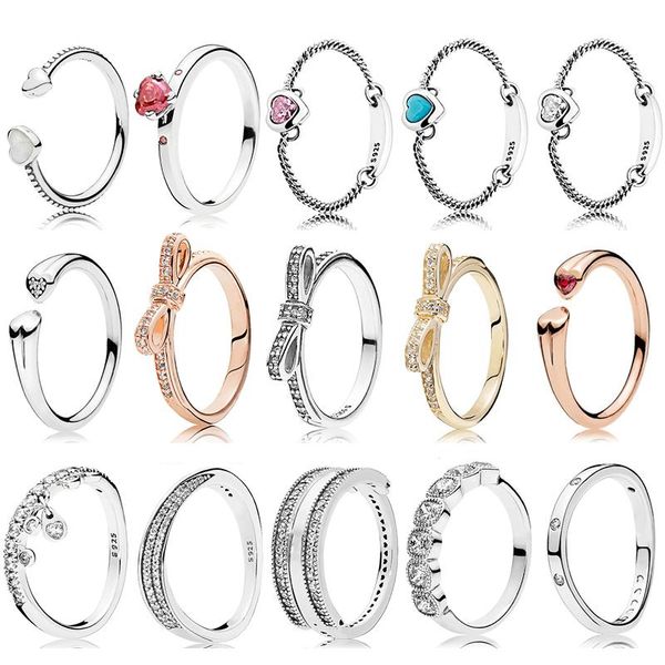 

cluster rings 925 sterling silver pan classic bow ring with original logo heart woman jewelry gift, Golden;silver