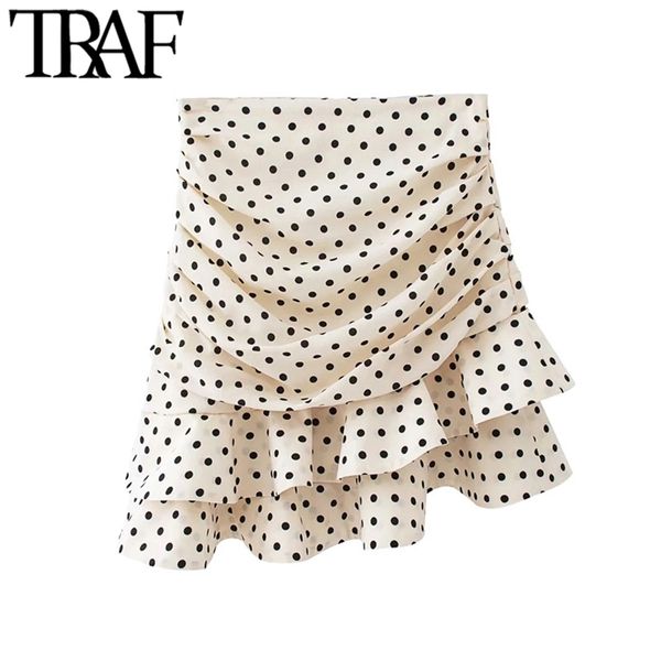 

traf women chic fashion polka dot ruffled asymmetric mini skirt vintage high waist back zipper female skirts mujer 210629, Black