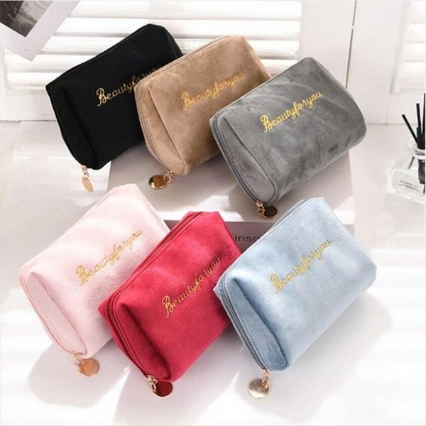 

1 pc women zipper velvet cosmetic bag make up travel large for makeup solid color female pouch necessaries