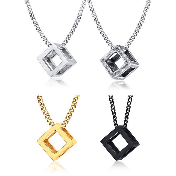 

punk hollow cube pendient necklaces for men women stainless steel square charm jewelry necklace geometric collier fashion 1802 q2, Silver