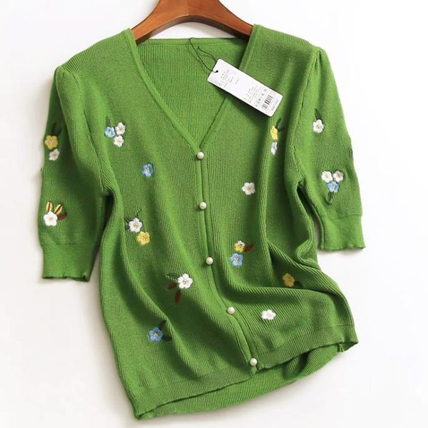 

women's polos sweet summer short sleeve embroidered knitted shirt women beaded-breasted v-neck, White