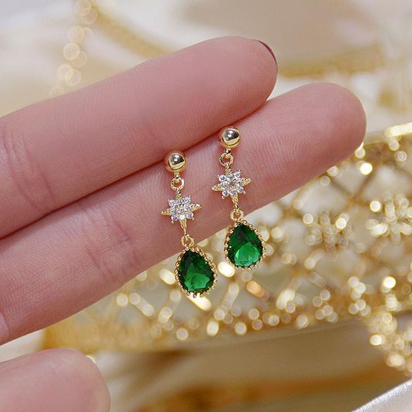 

stud luxury cubic zircon cz earrings for women japanese&korea style 14k real gold green crystal waterdrop, Golden;silver