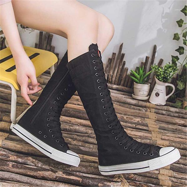 

spring autumn women canvas casual high long boots lace-up zipper comfortable obvious thin flats 2021 plus size 34-431, Black