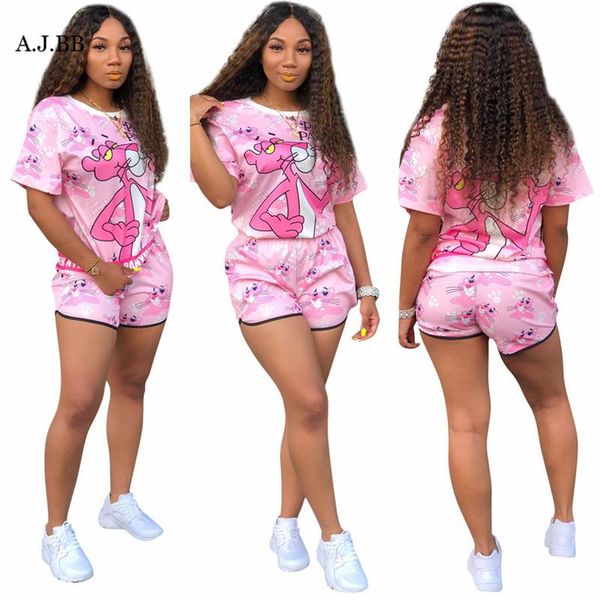 

european summer leisure cartoon print sport two piece set fashion loose o-neck short sleeve t-shirt and shorts women's dress, White