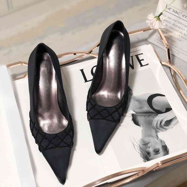 

official website 70% off outlet summer new women's shoes mid ancient diamond pointed stiletto heels pearl lady single, Black
