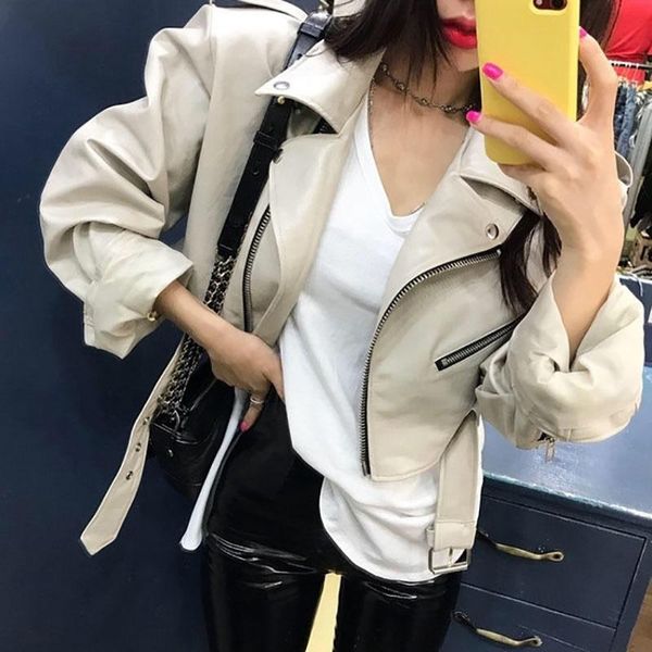 

women's leather & faux 2021 korean loose short pu jacket women autumn with belt high waist casual motorcycle biker, Black