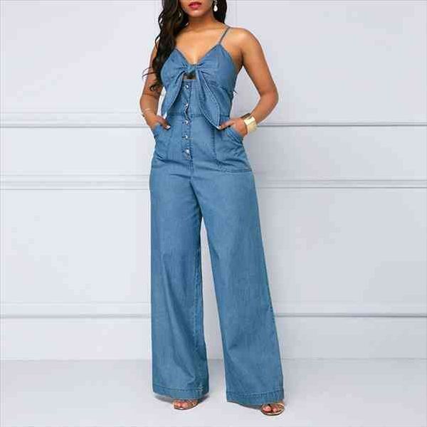 

fashion women ladies wide leg denim jeans button bow sleeveless full length overalls solid low-cut sling jumpsuit pants, Blue