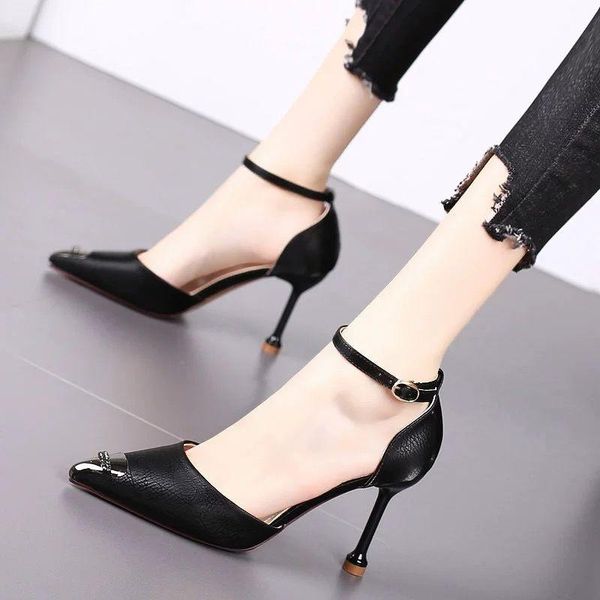 

dress shoes women's high-heeled sandals 2021 versatile thin heels with fashion net red cat heel leather blue beige, Black